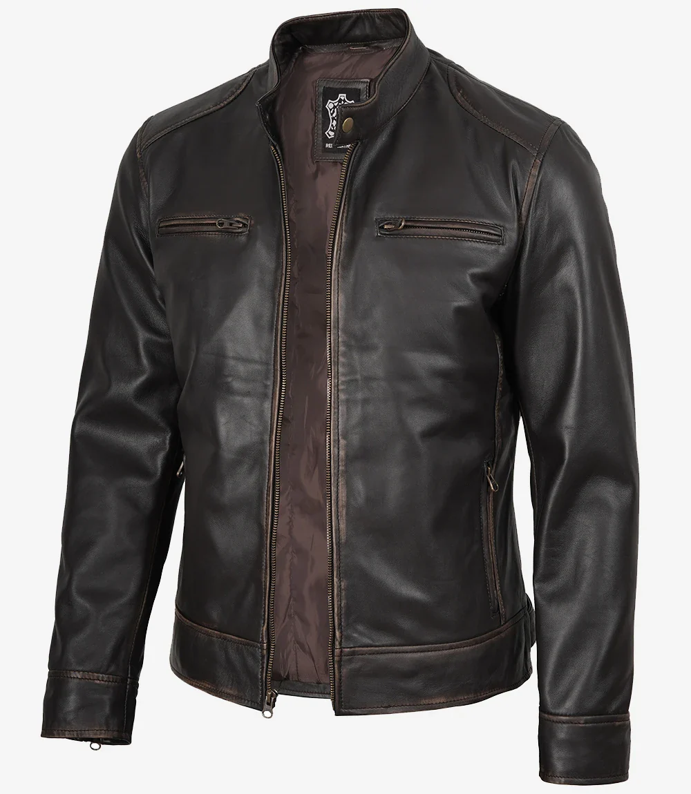 Veste en cuir marron vieilli style motard pour homme