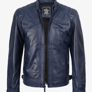 Veste en cuir bleu ciré matelassé style motard pour homme