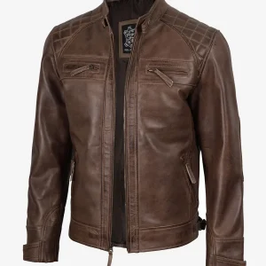 Veste en cuir marron chocolat style motard pour homme - Épaules matelassées