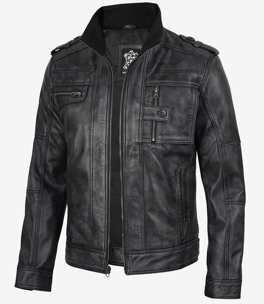 Veste de motard classique en cuir noir pour homme