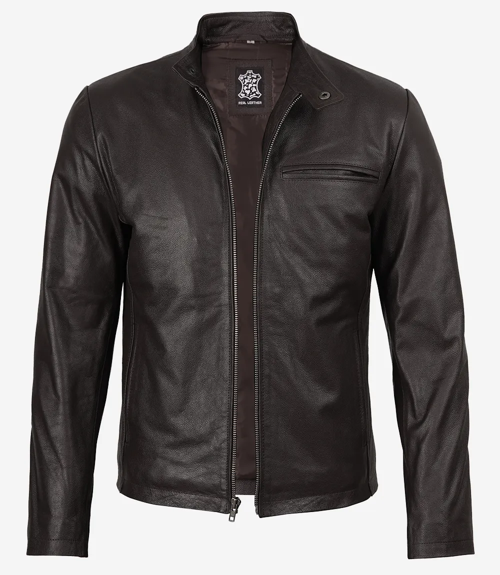 Veste style motard en cuir de vachette marron foncé de qualité supérieure pour homme – Image 3