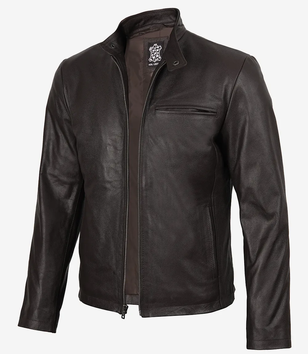 Veste style motard en cuir de vachette marron foncé de qualité supérieure pour homme – Image 2