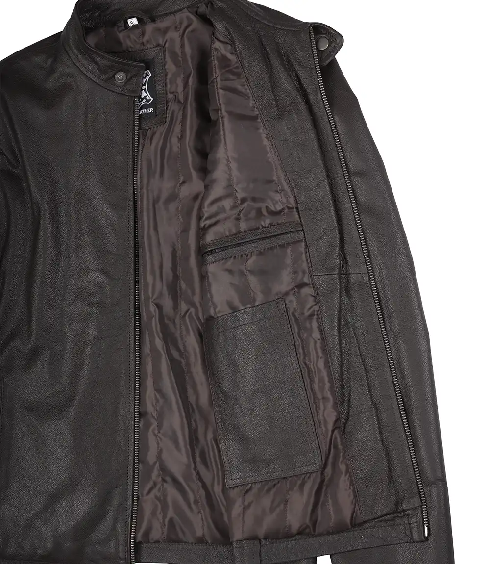 Veste style motard en cuir de vachette marron foncé de qualité supérieure pour homme – Image 5