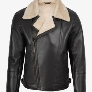 Veste en cuir style motard en peau lainée marron foncé pour homme