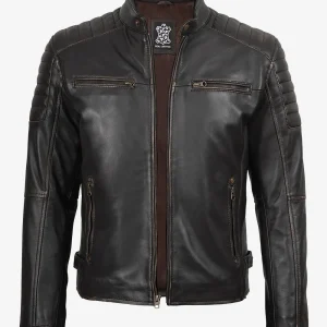 Veste en cuir marron vieilli style motard pour homme