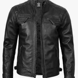 Veste en cuir noir style motard pour homme - Épaules matelassées