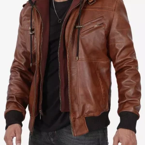 Blouson bomber en cuir marron à capuche pour homme
