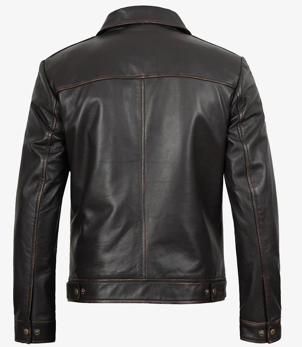 Veste en cuir marron vieilli classique à col chemise pour homme – Image 5