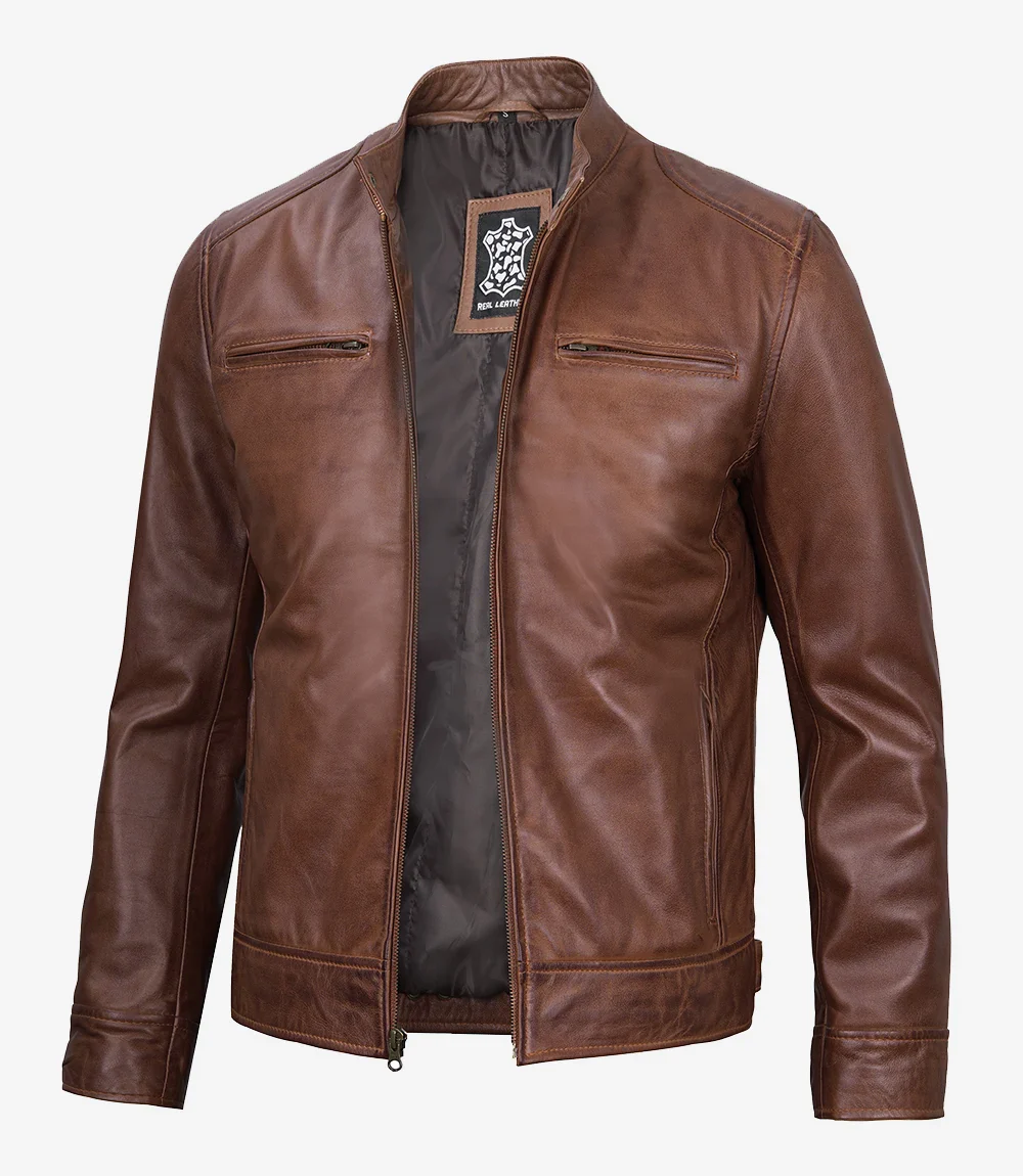 Veste motard en cuir cognac pour homme – Image 5