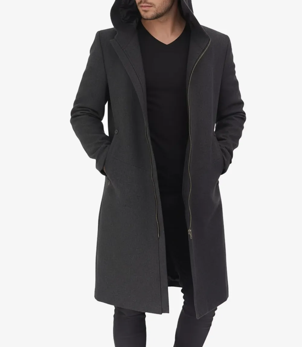 Manteau long et chaud en laine grise à capuche pour homme | Manteau d'hiver chaud – Image 2