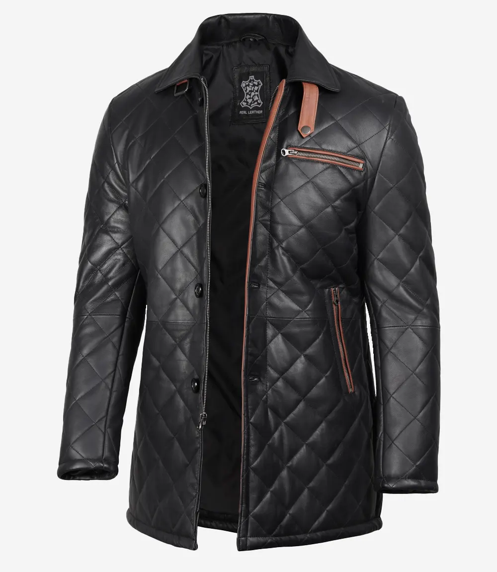 Manteau matelassé en cuir pour homme Black Diamond avec détails marron – Image 3