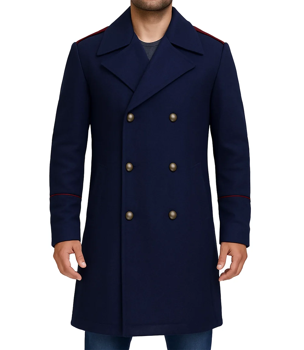 Manteau croisé en laine bleu marine pour homme