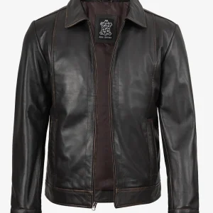 Veste en cuir marron vieilli classique à col chemise pour homme