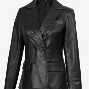 Manteau croisé en cuir noir pour femme avec col à revers crantés