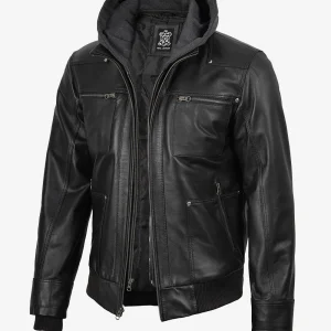 Blouson aviateur en cuir noir pour homme avec capuche amovible