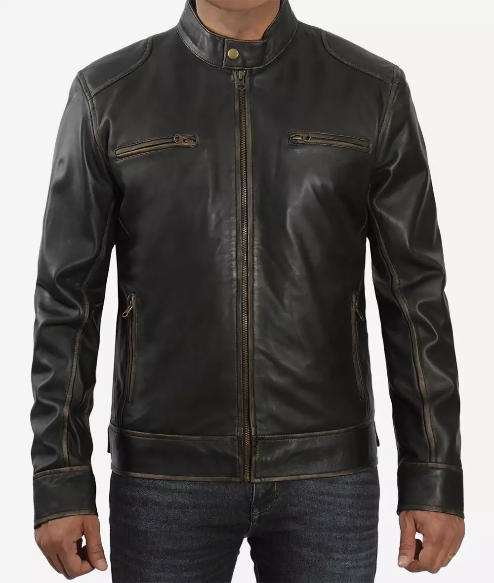 Veste en cuir marron vieilli style motard pour homme grand – Image 4