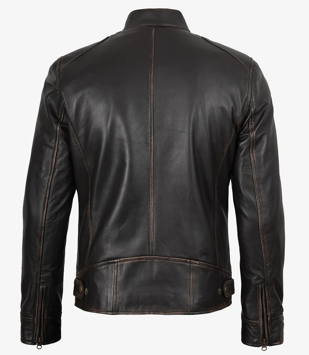 Veste en cuir marron vieilli style motard pour homme – Image 5