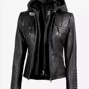 Veste en cuir noir pour femme avec capuche amovible