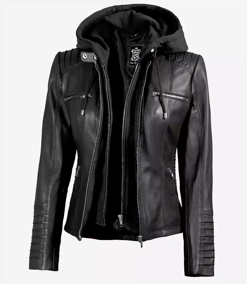 Veste en cuir noir Helen pour femme avec capuche amovible