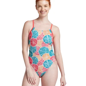 Maillot de bain une-pièce Printed Double Lace Back pour femmes - Bleu, orange et rose