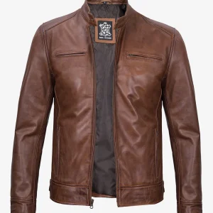 Veste motard en cuir cognac pour homme