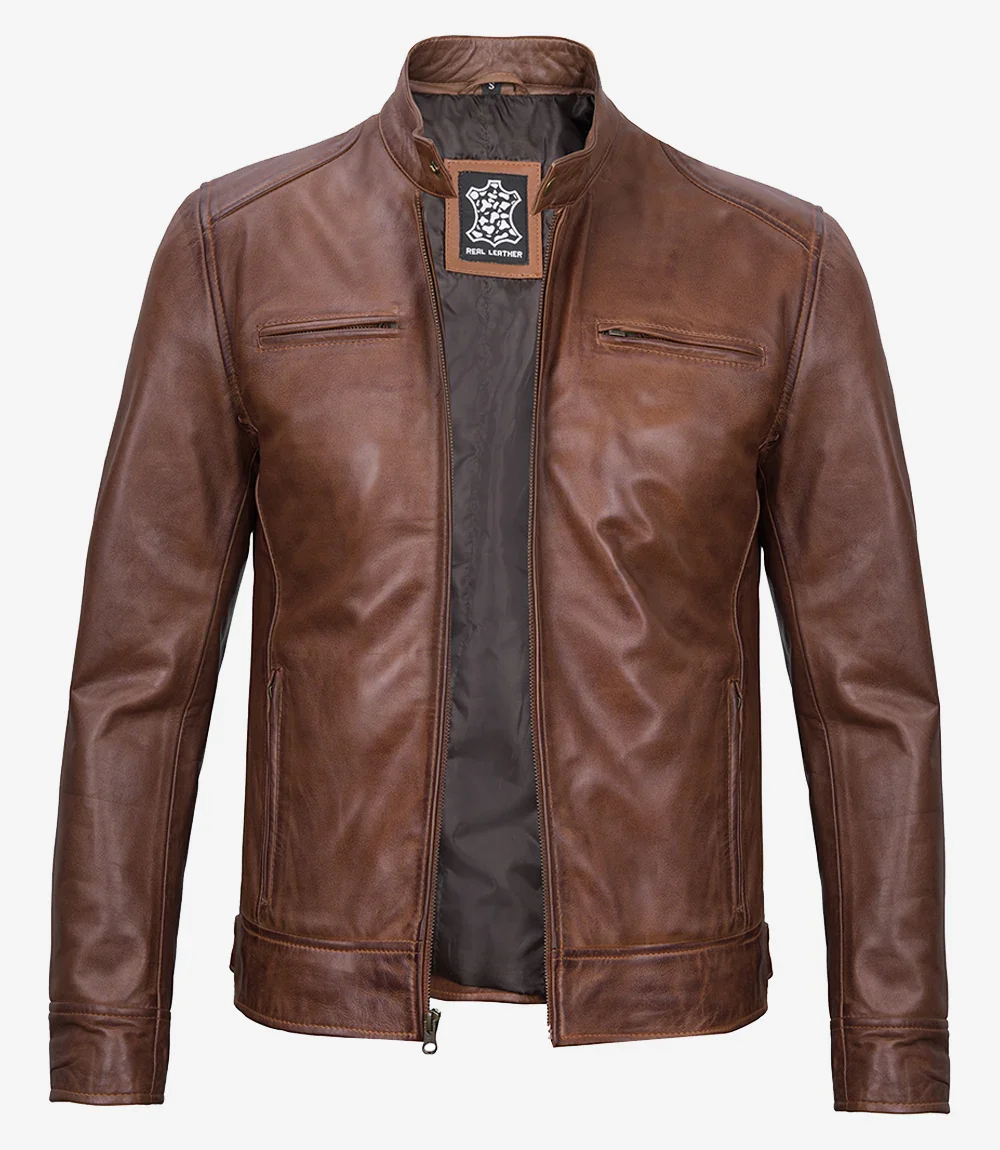 Veste motard en cuir cognac pour homme – Image 2