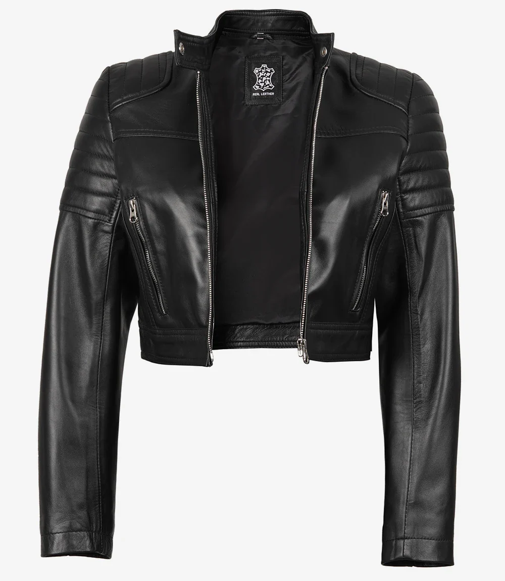 Veste courte en cuir noir style motard pour femme – Image 5