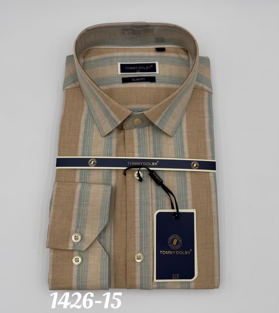 Chemise Tommy Dolby Rayée Beige et Gris Homme – Élégance Moderne – Image 2