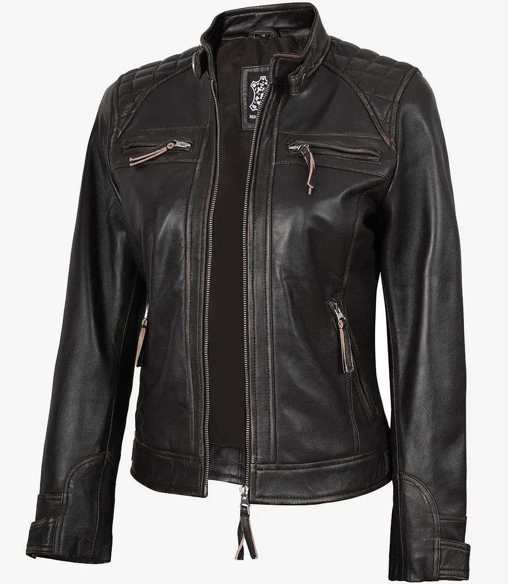 Veste style motard matelassée en cuir d'agneau véritable marron usé pour femme – Image 3
