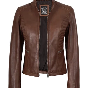 Veste de motard cirée en cuir véritable pour femme, couleur cognac