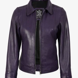 Veste en cuir violet à col chemise pour femme