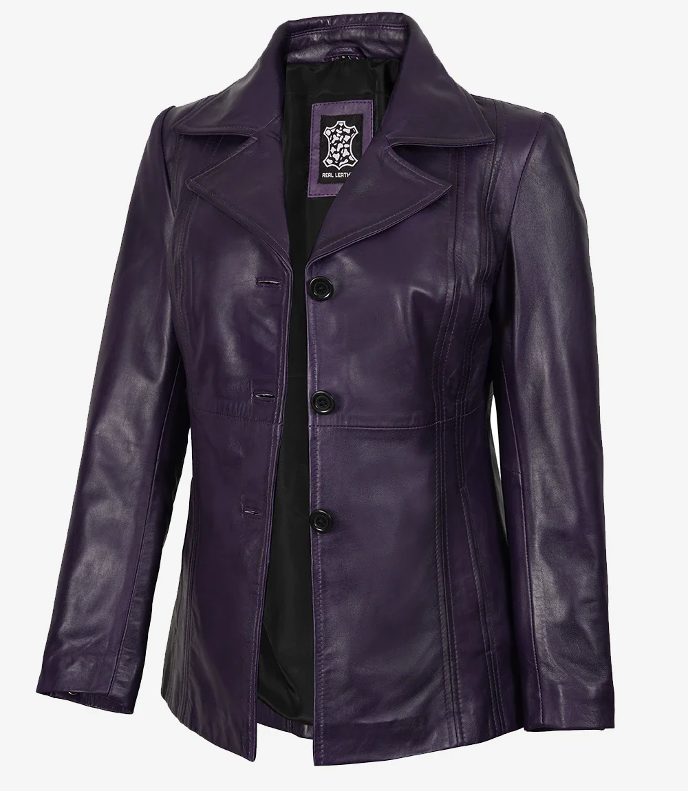 Blazer en cuir violet à trois boutons pour femme – Image 2