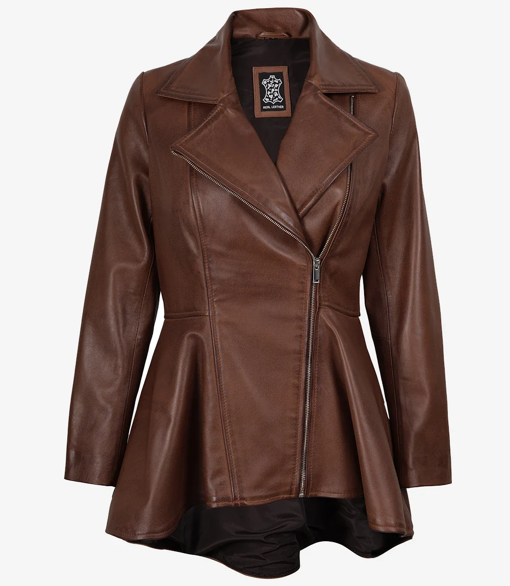 Veste en cuir à basque asymétrique cognac pour femme – Image 4