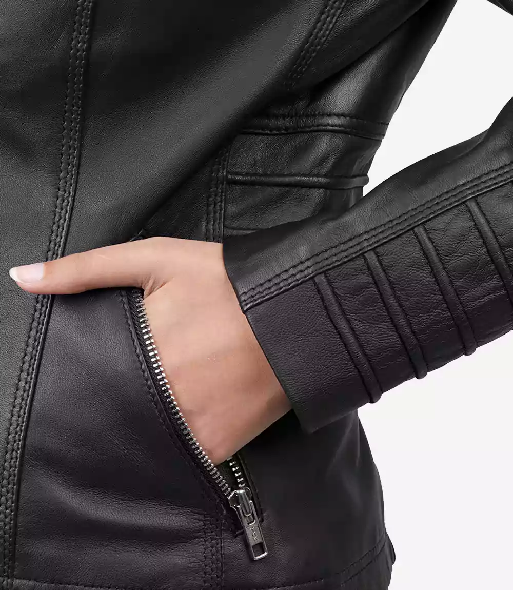 Veste en cuir noir Helen pour femme avec capuche amovible – Image 6