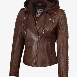 Veste en cuir style motard cognac pour femme avec capuche amovible