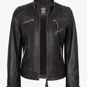 Veste style motard matelassée en cuir d'agneau véritable marron usé pour femme