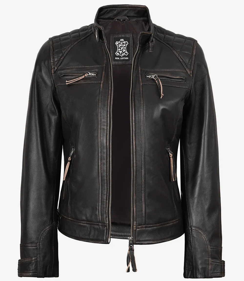 Veste style motard matelassée en cuir d'agneau véritable marron usé pour femme