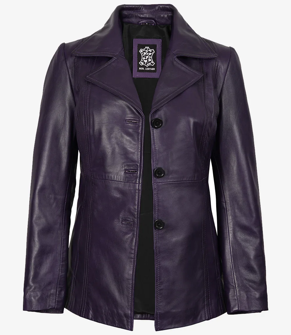 Blazer en cuir violet à trois boutons pour femme – Image 3