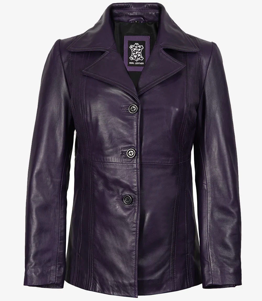 Blazer en cuir violet à trois boutons pour femme – Image 4