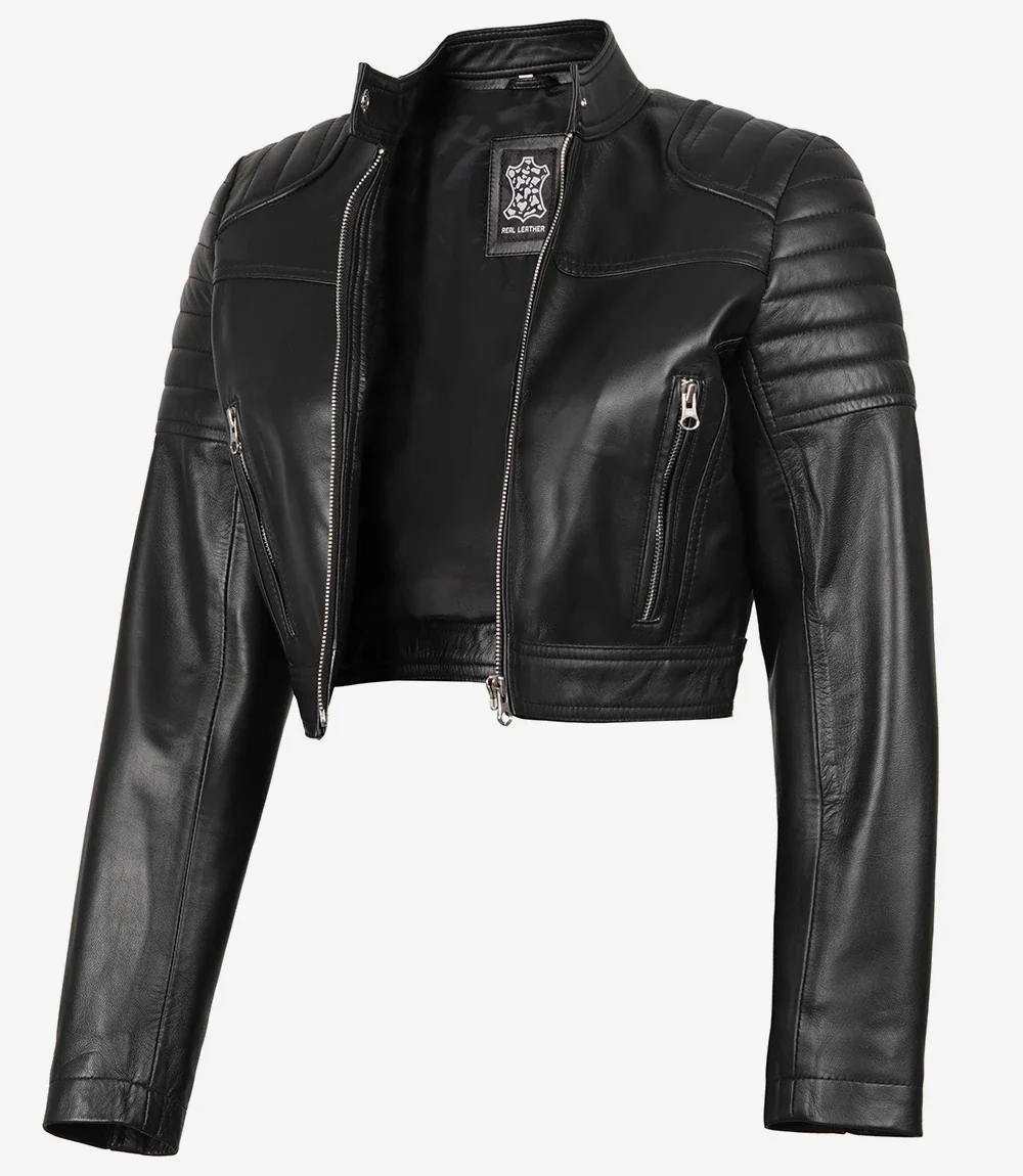 Veste courte en cuir noir style motard pour femme – Image 7