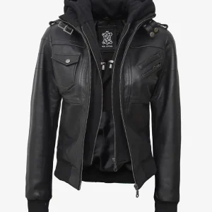 Blouson aviateur en cuir noir pour femme Edinburgh avec capuche amovible