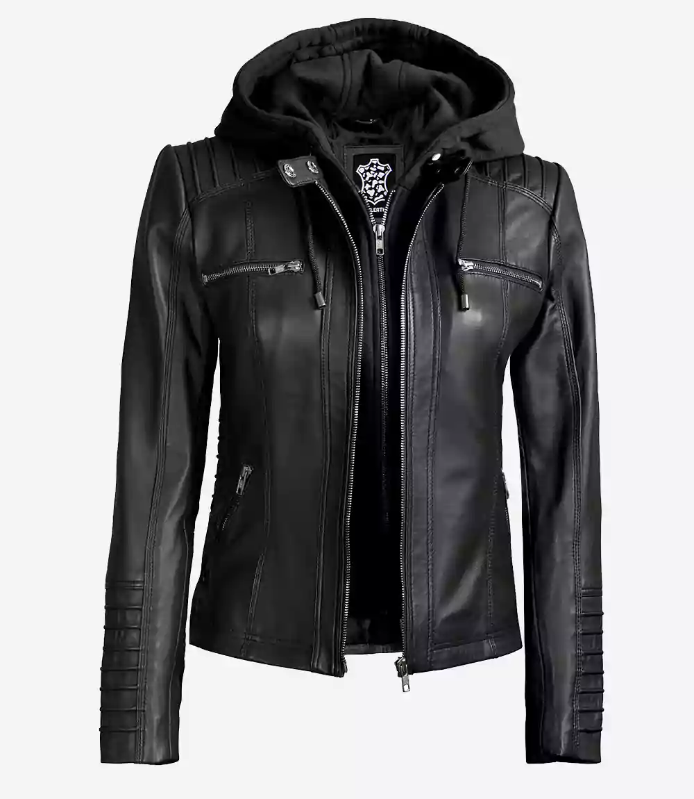 Veste en cuir noir Helen pour femme avec capuche amovible – Image 8