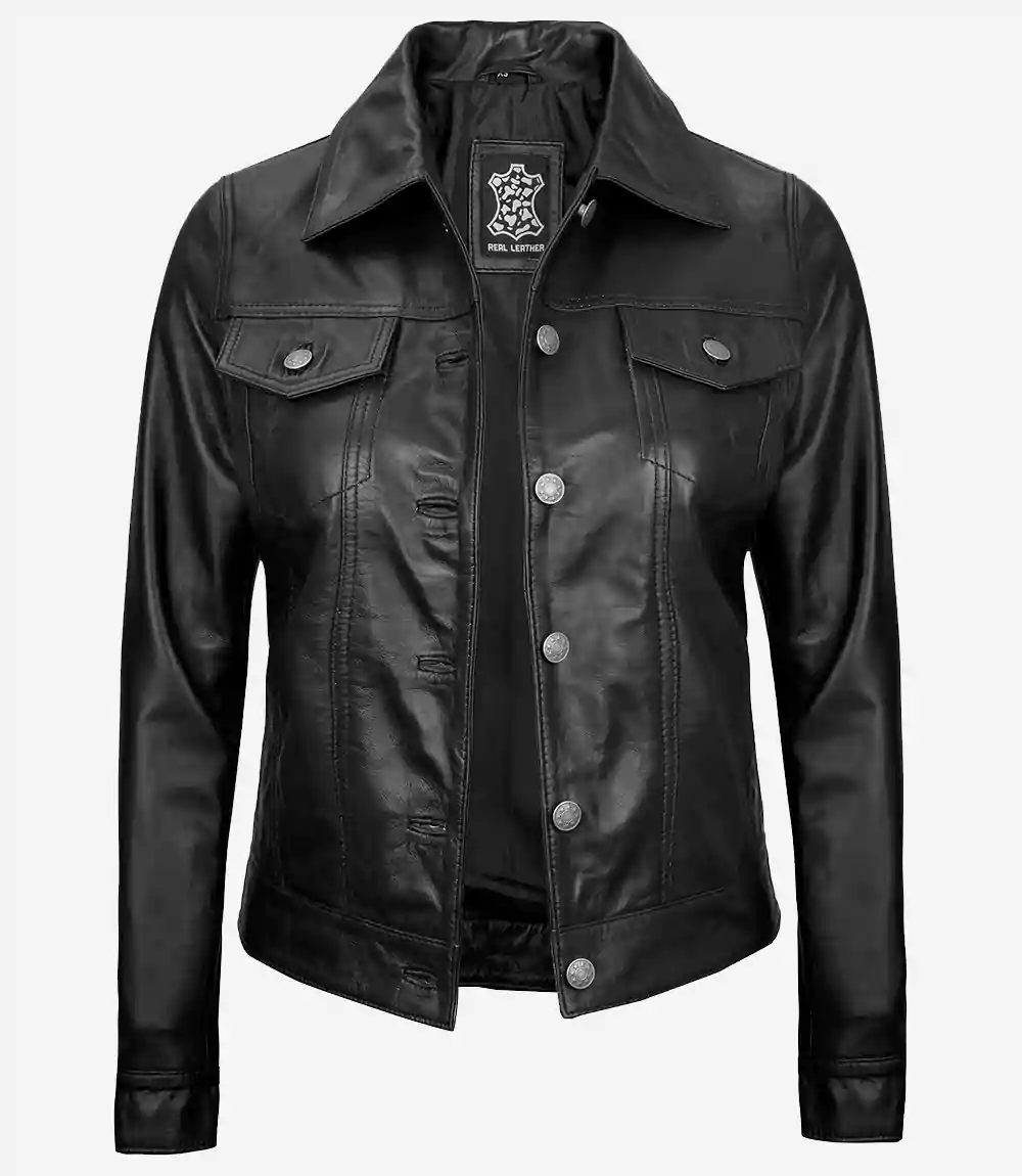 Veste camionneur quatre poches en cuir d'agneau noir pour femme – Image 7