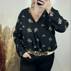 Chemisier Noir À Fleur Or