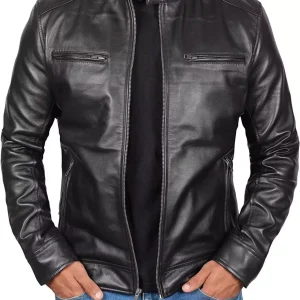 Veste style motard en cuir d’agneau noir pour homme grand