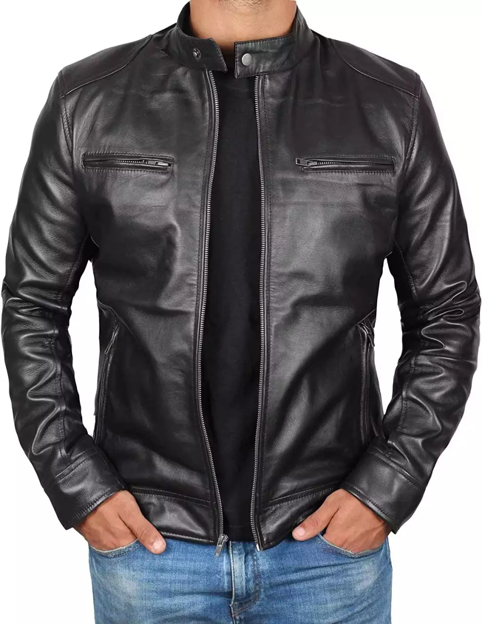 Veste style motard en cuir d’agneau noir pour homme grand