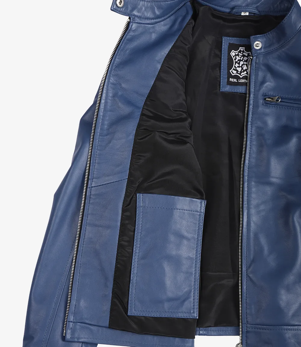 Veste en cuir bleu style motard pour femme - Coupe moderne – Image 5