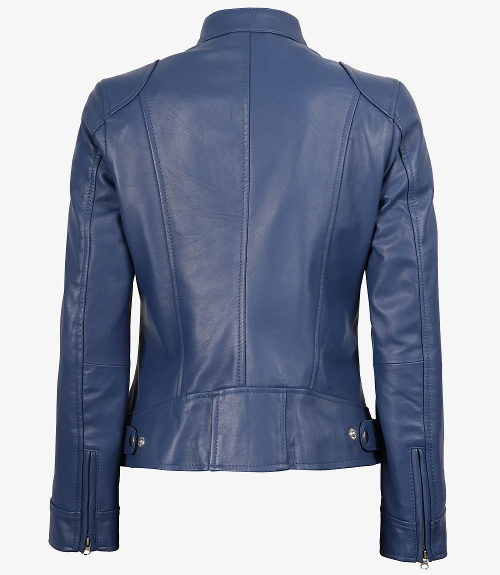 Veste en cuir bleu style motard pour femme - Coupe moderne – Image 7