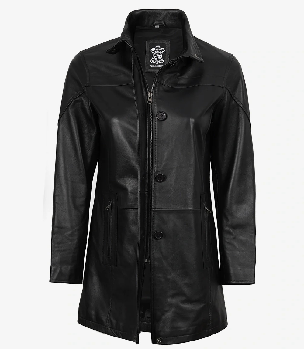Manteau Bristol en cuir noir pour femme - Longueur 3/4