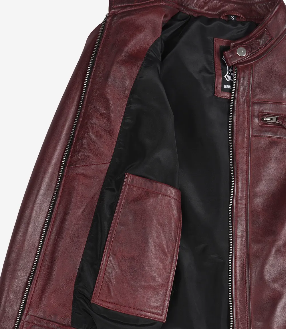 Veste style motard en cuir d'agneau véritable bordeaux pour femme – Image 5